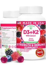 Lunakai USA Made Witamina D3 K2 Gummies z wapniem - 3- in-1 Daily Vegan Suplement dla kości i wsparcia immunologicznego dla kobiet, mężczyzn i dzieci, 60ct