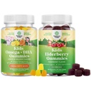 Bundle of Kids DHA Omega 3 Gummies - Fish Free with Vegetarian 6 9 for Vision Brain & Immunity and Sambucus Elderberry Gummies for Kids - Black Elderberry with Zinc & Vitamin C for Immune Support