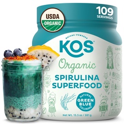KOS Organic Spirulina Powder - USDA Certified Organic, 109 Servings of Superfood Powder for Smoothies & Juices, Nienapromieniowane Blue Green Algae, Plant Based with Antioksydants, Wegan (13.5oz)