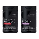 Sports Research ® Glow and Flow Pack - Omega-3 Krill Oil 500mg - Pure Antarktyka Superba Kryll z fosfolipidami, Cholina & Astaksantyna & Biotin 10,000mcg z organicznym olejem kokosowym (Witamina B7)