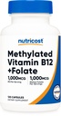 Nutricost Methylated Vitamin B12 + Folate Supplement (2,000 mcg) 120 Capsules - 1,000 mcg of Vitamin B12 + 1,000 mcg of Methyl Folate, Gluten-Free, 60 Servings
