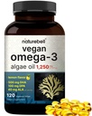 Vegan Omega 3 Algae Oil Supplement, 120 Veggie Softgels | Carrageenan Free, Plant-Based DHA & DPA | Fish Oil Alternative | Full Spectrum of Omega 3 with Flaxseed & ALA | Lemon Flavored