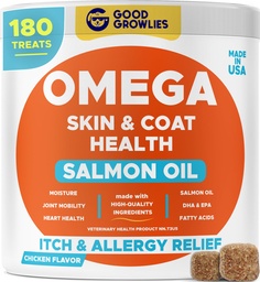 Omega 3 Fish Oil for Dogs (180 Ct) - Chews Skin & Coat - Suchy & Swędzacz skóry Relief + Wsparcie alergii - Shiny Coats - EPA & DHA Fatty Acids - Natural Salmon Oil Chews Promotes Heart, Hip & Joint Support