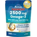 Omega 3 Fish Oil with Vitamin D3 K2 – 300 Lemon Flavored Burpless Softgels | Fish Oil Omega 3 Supplements Support Heart, Brain, Eyes & Immune Health | Gluten-Free, Non-GMO