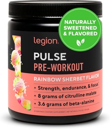 Legion Pulse pre Workout - All Natural Nitric Oxide Precuting Drink to Boost Energy, Creatine Free, Natural Sweetened, Beta Alanine, Citruline, Alpha GPC (Rainbow Sherbet)