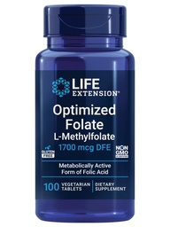 Life Extension Zoptymalizowany folian - L- metylofolian - Heart & Brain Support, Zdrowe poziomy homocysteiny - Nie-GMO, Gluten- Free, Wegetarianin - 1700 µg DFE, 100 Tabletki wegetariańskie