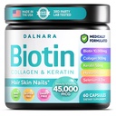 Biotin Collagen & Keratin – Hair, Skin & Nails Vitamins, 45,000 MCG Vitamin Complex (A, B1, B2, B3, B6, B7, C & E)–Biotin for Hair Growth for Women & Men, Hair Vitamins-60 Capsules–Made in USA