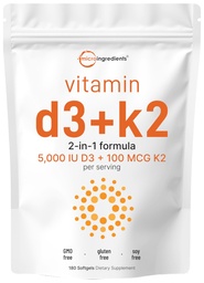 Micro Ingredients Witamina D3 5000 j. m. + K2 MK- 7 100 µg, 180 Softgeli 124; 2- in-1 Formuła 124; Łatwy do połknięcia, Non-GMO