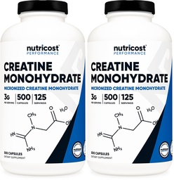 Nutricost Micronized Creatine Monohydrate 3,000mg 500 Capsules, 125 Servings, 750mg of Creatine Monohydrate Per Capsule (Pack of 2)