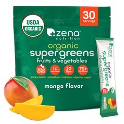 Zena Nutrition Organic Super Zielonych Proszek, 70 + Superfoods, 0 Cukier, 3G Fiber, Spirulina, Chlorella, Grzyby, Prebiotyki / Probiotyki, Enzymy do Gut Health, Mango, 30 Pakiety mieszanki napojów