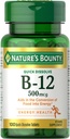 Nature's Bounty Vitamin B12, Supports Energy Metabolism and Nervous System Health, 500mcg, 100 Quick Dissolve Tablets