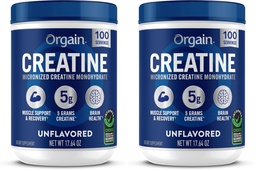 Orgain Monohydrat kreatryny Proszek mikronizowany, 100 Służenia, Nieflawored, Wspiera wzrost mięśni, Post Workout Recovery and Brain Health, Brak sztucznych dodatków, dla mężczyzn i kobiet, Wegan, (Opakowanie 2)