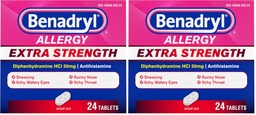 Benadryl Extra Strength Allergy Relief Medicine, 50 mg Diphenhydramine HCl Antihistamine Tablets for Relief of Allergy Symptoms Due to Hay Fever or Other Upper Respiratory Allergies, 24 ct (Pack of 2)