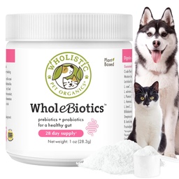 Wholistic Pet Organics WholeBiotics - Codzienne Psie Probiotyki na Poparcie Zdrowia i Immunitet - 9 Szczepów - Prebiotyki i Probiotyki dla Psów i Koty - Gut Health for Dogs - 1 Oz - 28 Scoops
