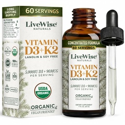 Żywe mędrcy Naturals Vegan D3 K2 Witamina 5000 IU, 90 MCG (MK- 7) Krople - 60 Słupki, Ultra koncentrat Formulacja, i Szybka Absorpcja - Precyzyjny kroplomierz mikrodozujący dla Kognitive & Immune Support