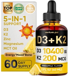 Venture Pal 5- in-1 Witamina D3 10000 j. m. & K2 jako MK- 7 200mcg z Magnezem, Olejem MCT, Cynk, Witamina D bez cukru Płyn 124; Maksymalna absorpcja dla kości, nastrojów i zdrowia immunologicznego - 2 FL OZ, 66 dni