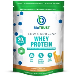 BioTrust Low Carb Lite, 20 Grams Grass- Fed Protein Protein Isolate, 100 Calories, ProHydrolase Digestive Enzymes, Non-GMO, Free from Soy and Gluten, rBGH- Free (14 Servings) (Orange Cream)