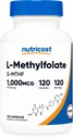 Nutricost Methylfolate 1000mcg, 120 Kapsułki wegetariańskie - Gluten Free, Non-GMO (Methylled Folate)