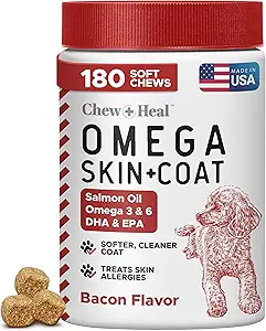 Omega dla psów - 180 Pyszne Soft Chews - Salmon Oil Treats for Skin and Coat, Itch Relief - Fish Oil blend of Esential Fatty Acids, Omega 3, 6, and 9, and Vitamin - Smoked Bacon Flavor