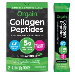 Orgain Zhydrolizowany Kolagen Peptydes Pakiety podróży dla kobiet i mężczyzn - 5g Kolagen z trawy na obsługę, Włosy, Skóra, Nail & Joint Supplement, Non-GMO, Typ I & III - Unflavored (25 Count)