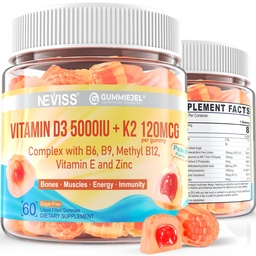 Witamina D3 5000j. m. + K2 (MK- 7) 120mcg, bezcukrowa Witamina D3 K2 Napełniona Gummiami z kompleksem witaminy B - Metyl B12, B9, B6 Amend124; Witamina E & cynk, olej MCT - wspomaga wytrzymałość kości i zębów, immunologiczna, 2PACK