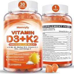 Witamina D3 K2 Gumiaki dla dorosłych - Witamina D3 5000j. m. + K2 (MK- 7) 120mcg - Wolne od cukrów D3 i K2 Suplementy z Omega-3, Metylu B12, B9, B6, Witaminy E i cynk - do absorpcji wapnia i zdrowia immunologicznego