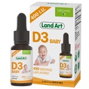 Land Art - Certified Organic Vitamina D3 Drops Baby - 400 j.m. za kroplę - 490 Służenia - Wspiera rozwój kości i zębów - Witamina D Dropy dla niemowląt i dzieci - GMO- Free Gluten- Free - 0,45 fl oz