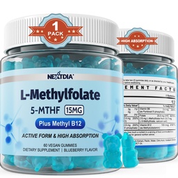 L- MetylFolate 15 mg & Metyl B12 Gumumie, Metylowany B1, B2, B6 Multiwitaminy - Aktywne 5- MTHF & Wysoka Absorpcja - Wspiera MTHFR Gene, Cognition, Homocysteina Poziomy, Metabolizm kwasu foliowego, Wegan, 60 Cts