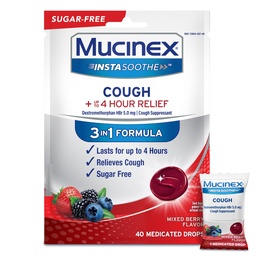 Mucinex Instasoothe Sugar Free Cough Drops, Cough Medicine for Dorothy with Dextromethorphan HBr, Non Menthol Cough Drops, Cough Suppressant Lozenges, Mixed Berry Medicated Cough Drops, 40ct