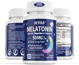 Melatonina 50 mg dla dorosłych - Dodatkowa siła 9- in-1 Szybkie rozpuszczenie podjęzykowe - w / Witamina D3 & MSM, Relaxing Herbal Blend- Ashwagandha, Lemon Balm, Passionflower, Rumianek, Cukier wolny, Wegan 180 Służenie