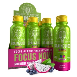 BrainJuice Kids Brain & Immune Support Shot, Gluten Free Supplement Shots for Energy, Focus, Immunitet z witaminą D, C, B, Alpha GPC & Organic Ginger Root, Ages 5 +, Dragon Berry, 2,5 fl oz, 12 Pack