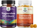 Bundle of Pure Magnesium Glycinate 400mg Per Serving for Mood Sleep and Relaxation and Turmeric Gummies for Adults Peach Flavor - Extra Strength Joint Support