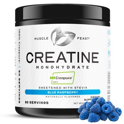Muscle Feast Creapure Kreatyna jednowodny proszek, Wegan Keto Friendly Gluten- Free, Muscle Recovery Supplement and Trusted Creatine for Muscle Growth, Stworzenie aromatyczne, Natural Blue Malina, 300g