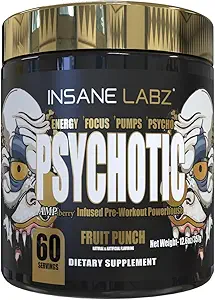 Szalony Labz Psychotic Gold, High Stimulant Pre Workout Powder, Ekstremalna Energia Lasting, Pompy i Endurance z Beta Alanine, DMAE Bitartrate, NO Booster (60 Służenie, Owoce Punch)