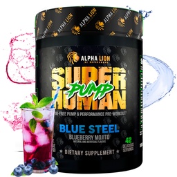 ALPHA LION Superhuman Pompa przed treningiem Proszek, Kofeina nootropowa i Stim Free Prestress Supplement, Aciric Oxide Booster, Muscle Gainer, Energy & Focus (42 Słupki, Blueberry Steel Flavor)