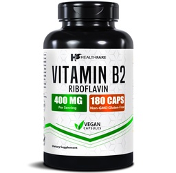 Healthfare Vitamin B2 Riboflavin 400mg | 180 Vegan Capsules | High Potency | Non-GMO | Gluten-Free | Made in USA