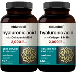 NatureBell 2 Pack Hyaluronic Acid Supplements 2000 mg Acid 124; 480 Total Capsules, z MSM & Zhydrolizowany Kolagen bydlęcy - 3 w 1 Wsparcie dla Hydration skóry, Wspólne smarowanie, Włosy i Zdrowie oczu