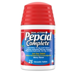Pepcid Complete Acid Reducer + Antacid for Acid Reflum, 10 mg Famotydyna, 800mg Karbonian wapnia i 165 mg Hydroksyd magnezu na tabletkę z lekiem Heartburn, Antacid Chews, Berry, 25