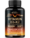 Witamina D3 K2 - Witamina D3 10000 iu & K2 jako MK- 7 120 mcg - Wsparcie immunologiczne i nastrojowe dla zdrowia kości i zębów - z magnezem, cynkiem i witaminą C & B12 - Wysoko Biodostępne - Made in USA, 120 Kapsułki