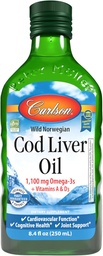 Carlson - Cod Liver Oil 1100 mg Omega- 3s Plus Vitamin A & D3 - Wild Caught EPA DHA Omega 3 Supplement - Norwegian Arctic, Sustainable Sourced Nordic Fish Oil Liquid, Unflavored, 250 ml (8.4 Fl Oz)