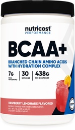 Nutricost BCAA + proszek do nawadniania (Lemoniada malinowa) 30 Służenia - Rozgałęzione aminokwasy łańcuchowe z kompleksem nawadniającym - Bezglutenowy, Non-GMO
