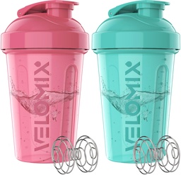 VELOMIX -2 Pack - 20 oz Butelki z shakerem białkowym do mieszania białek - 2x Whist Wire Between 124; Puchary do Shakes protein i pre Workout 124; Butelka z shakerem białkowym (Pink / Turquoise)