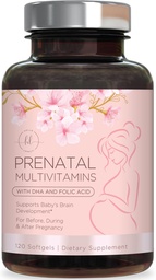 Witaminy prenatalne dla kobiet z kwasem foliowym & DHA, Wsparcie rozwoju mózgu płodu z folianem & Omega 3, Multiwitamina z witaminą A, C, D, B6, B12 & Żelazo, Suplement do Ciąża - 120 Softgels