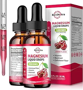 2 opakowania Magnezu Glicynian krople płynne, 1000mg Magnezu Glicynian, Taurate & Citrate krople płynne dla kości, snu, Spokój, Mięśnie, Energia & Relaksja, Wysoka absorpcja, Bezcukrowy aromat wiśniowy