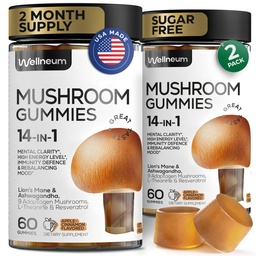 Grzyby Gummies 5000 Mg 120 Pcs (2 Pack) - grzyba Lwa i 9 grzybów Adaptogenetic Mieszanka - Ashwagandha, L- Theanine - Gumownia Gummies for Energy, Immunitety, Focus, Boost mózgu - No Sugar i GMO