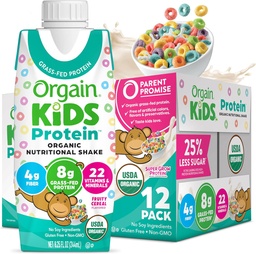 Orgain Organic Kids Nutritional Protein Shake, Fruity Cereal - Przekąski dla dzieci z 8g białka mlecznego, 22 Witaminy i minerały, Owoce i warzywa, Gluten Free, Soy Free, Non-GMO, 8.25 Fl Oz (Opakowanie 12)
