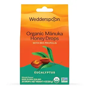 Wedderspoon Organic Manuka Honey Drops, Eucalyptus & Bee Propolis, 20 Count (4oz) (Pack of 1) 124; Genuine New Zealand Honey Downloader 124; Perfect Remedy for dry throats