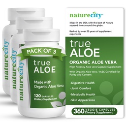 NatureCity TrueAloe Organic Aloe Vera Capsules - Supports Digestive Balance, Joints and Stomach Comfort - Plant-Based Aloe Barbadensis Powder - Easy-to-Swallow Single Ingredient Formula - 360 Caps