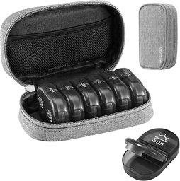 Serfeymi Cotygodniowy Travel Pill Organizator 2 razy w ciągu dnia PM Zmodernizowany Black Pill Box 7 Dzień z Portable Zipper Canvas Pill Case, Medicine Organizer for Pills, Witaminy, Suplementy, Oleje rybne - Grey 01