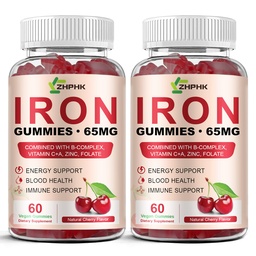 ZHPHK Iron Gummies Supplement for Women, Men & Kids, Iron 65mg with 250mg Vitamin C B6 B12 Folate Healthy Blood, Energy & Immune Support Gentle on Stomach Ferrous Fumarate, 120 Count